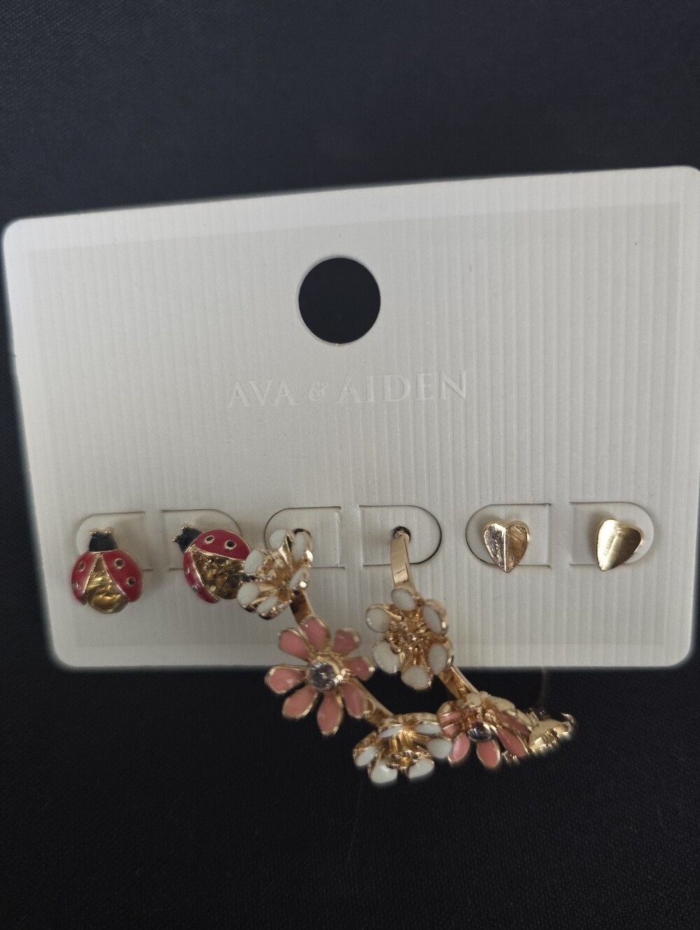 AVA & AIDEN Gold Floral and Ladybug Earring Set - Pink & White